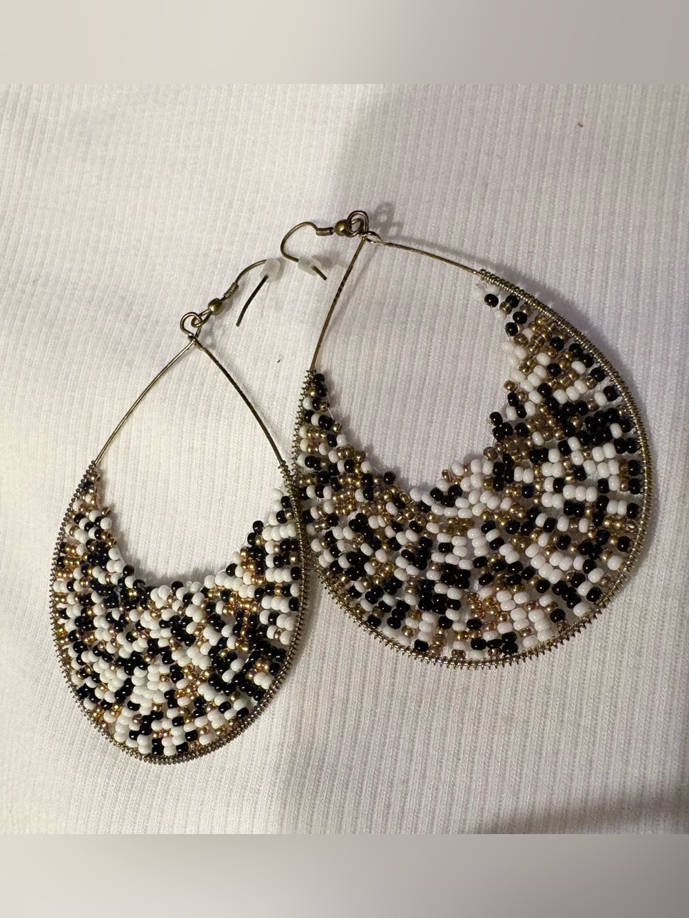 Beaded Teardrop Hoop Earrings - Black, White & Gold